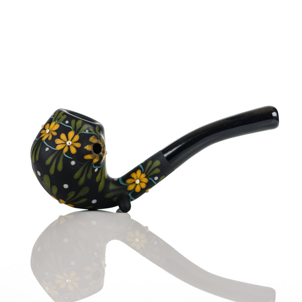 Sand-blasted Black Sherlock W/ Yellow Flowers by Sarita Glass - Smoke ATX