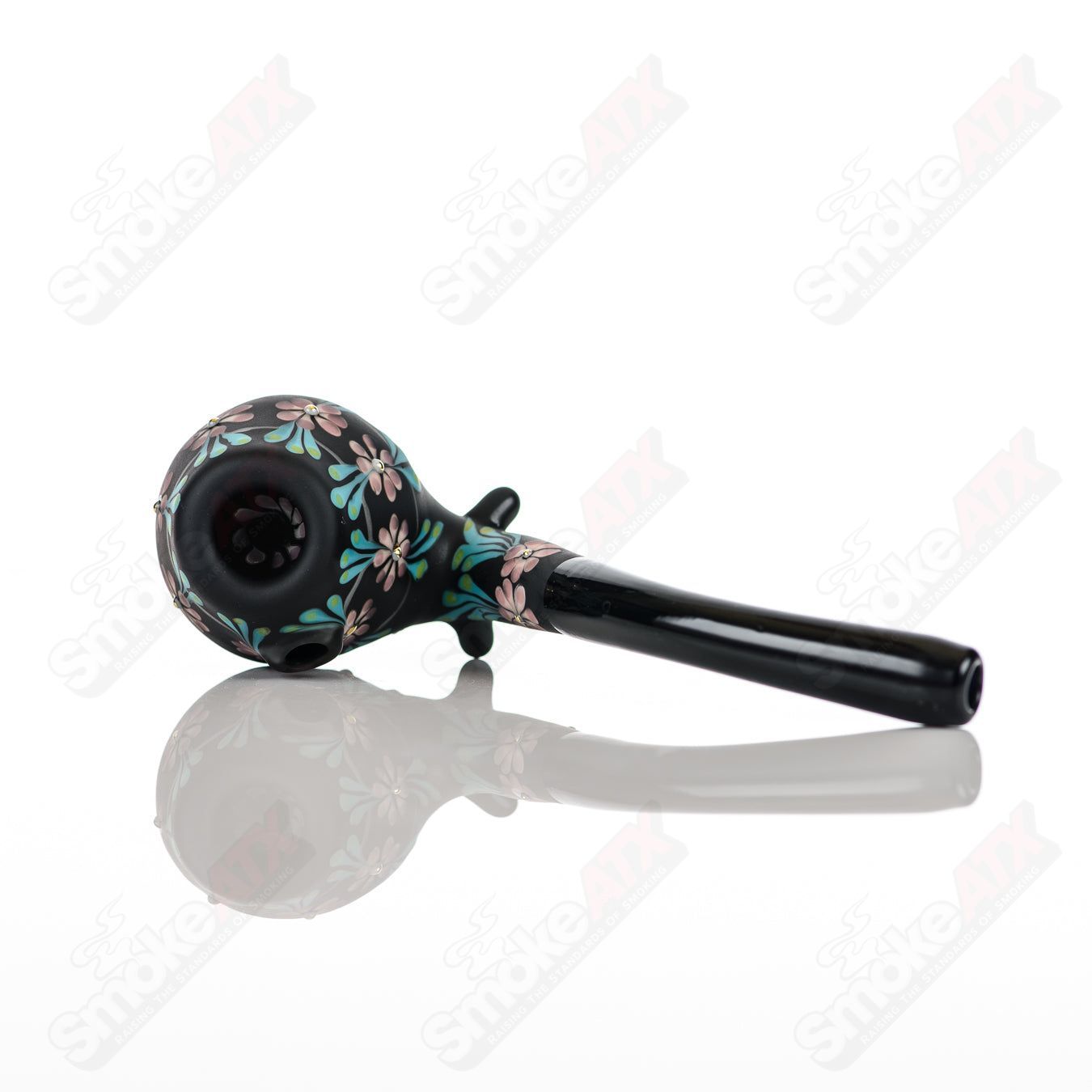Sand-blasted Black Sherlock W/ Purple Flowers by Sarita Glass - Smoke ATX