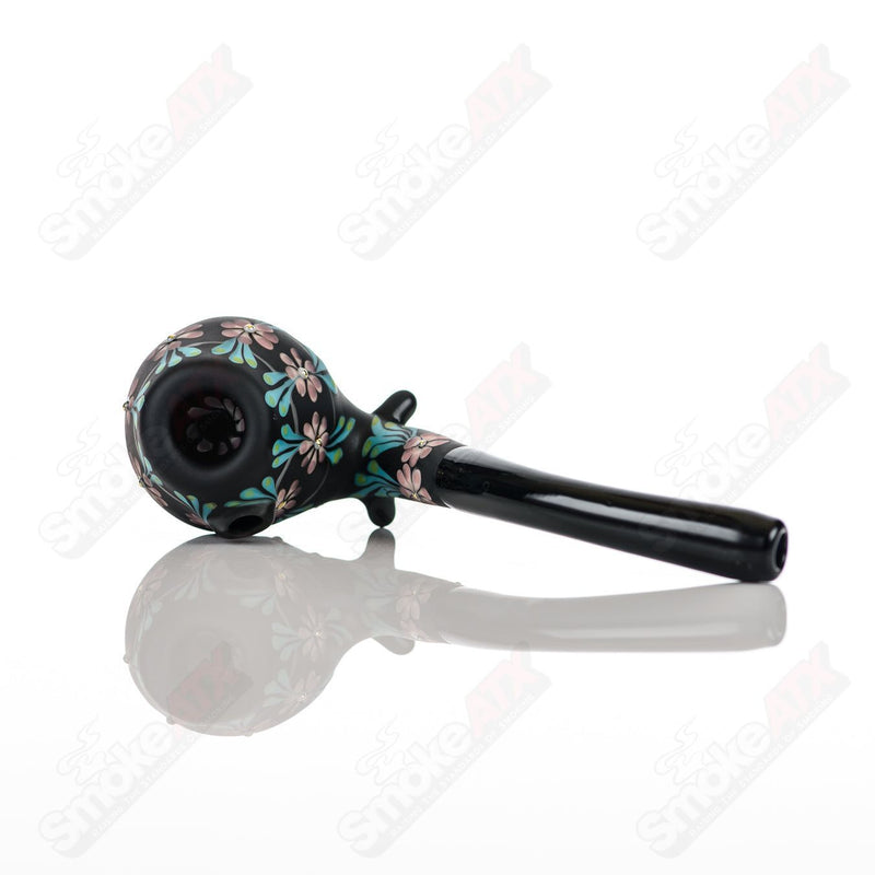 Sand-blasted Black Sherlock W/ Purple Flowers by Sarita Glass - Smoke ATX