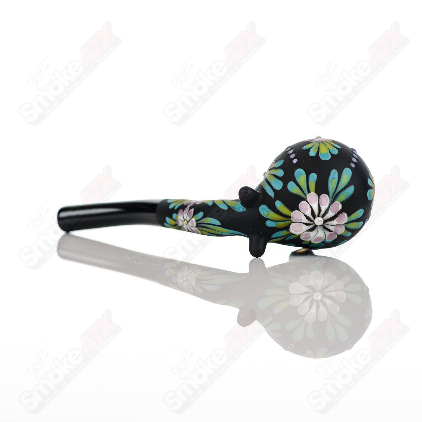Sandb-lasted Black Sherlock W/ Purple Flowers by Sarita Glass - Smoke ATX