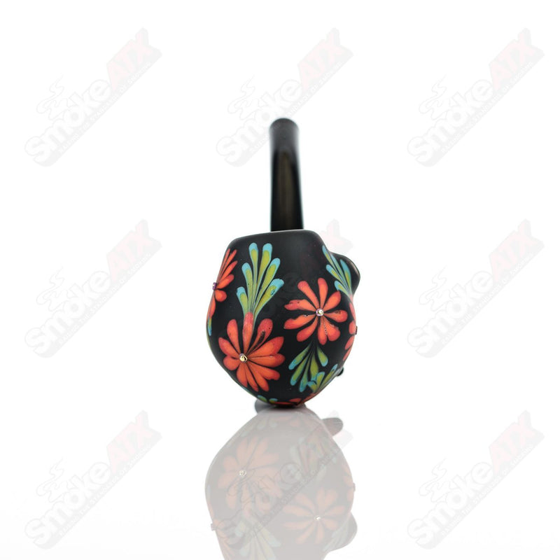 Sand-blasted Black Sherlock W/ Red Flowers by Sarita Glass - Smoke ATX