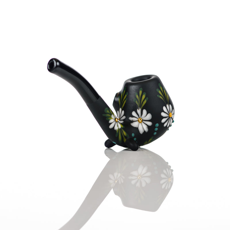 Sand-blasted Black Sherlock W/ White Flowers by Sarita Glass - Smoke ATX