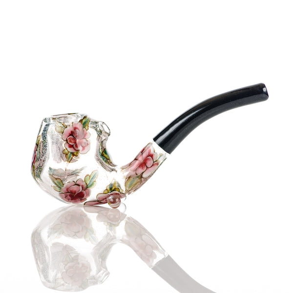 Clear Dichro Glass Sherlock W/ Pink Flowers by Sarita Glass - Smoke ATX