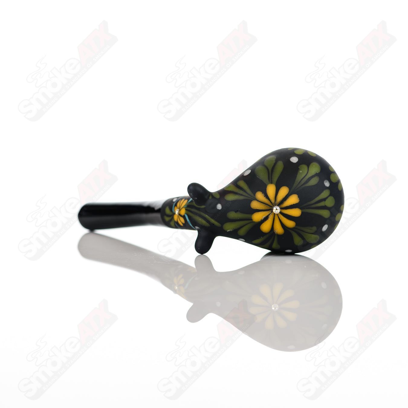 Sand - blasted Black Sherlock W/ Yellow Flowers by Sarita Glass - Smoke ATX