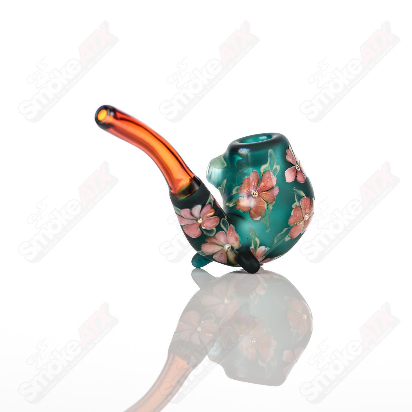Teal Sherlock W/ Pink Flowers by Sarita Glass - Smoke ATX