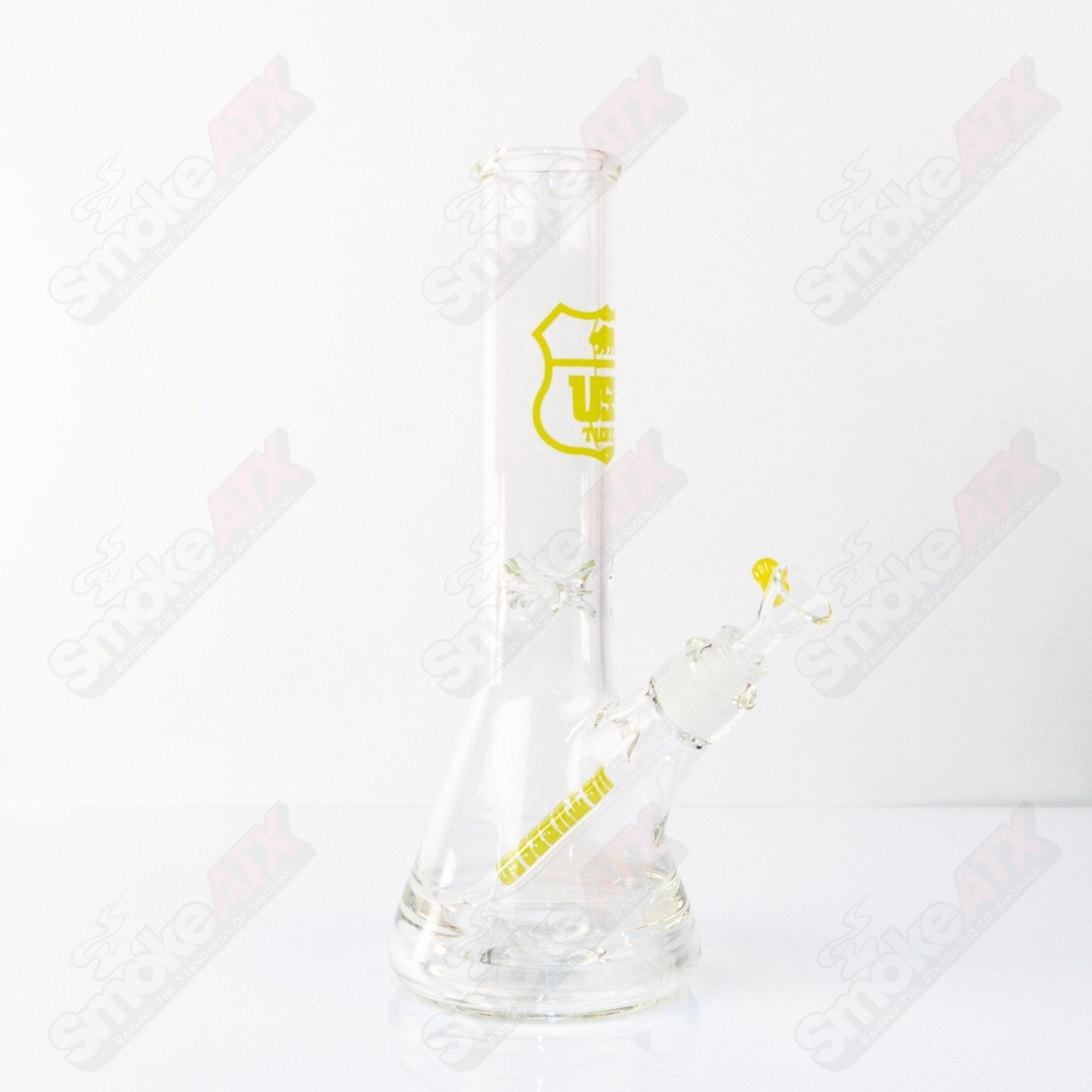 US Tubes Beaker 12" 55x5 - Constriction - Yellow Shield Decal - Smoke ATX
