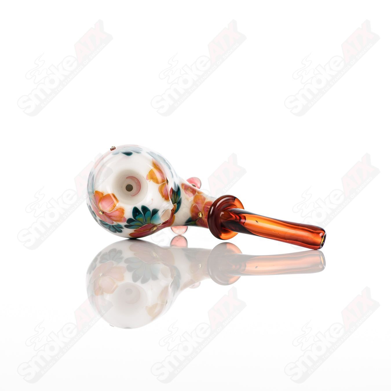White Sherlock W/ Peach & Pink Flowers by Sarita Glass - Smoke ATX